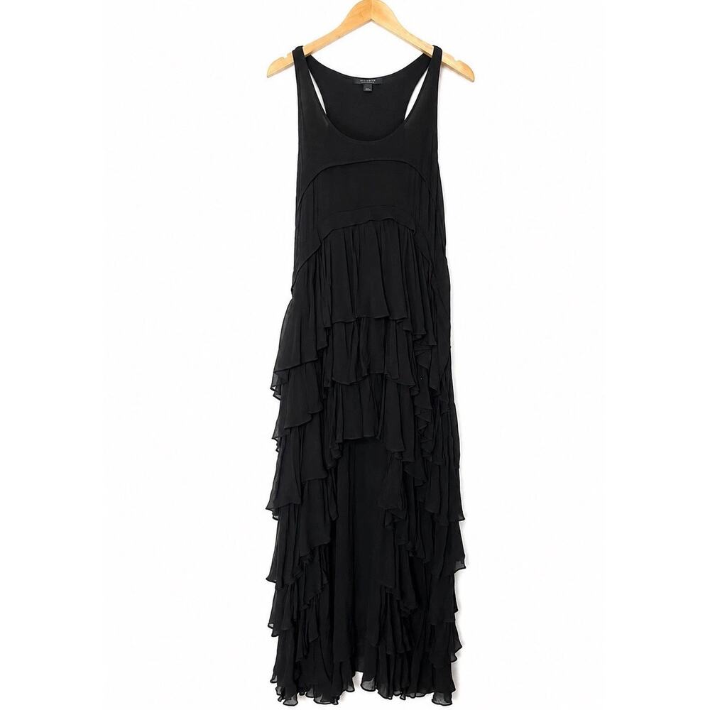 AllSaints Cavarly Maxi Dress Black Layered Ruffle Racerback US 8 UK 12 - Picture 2 of 8